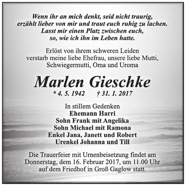Traueranzeige Marlen Gieschke