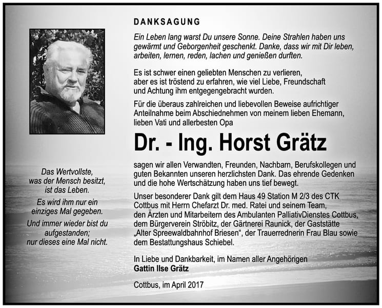 Danksagung Dr. - Ing. Horst Grätz