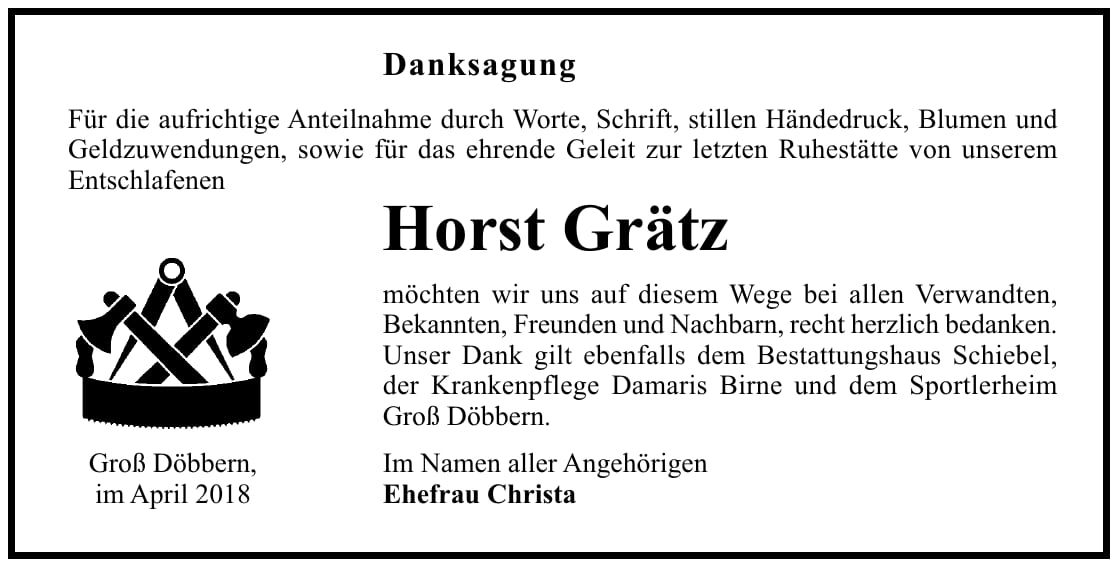 Danksagung Horst Grätz
