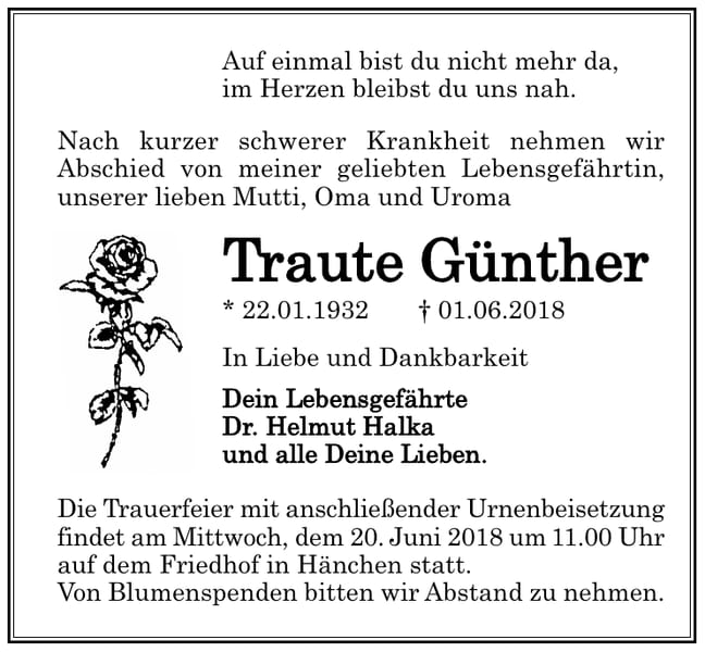 Traueranzeige Traute Günther