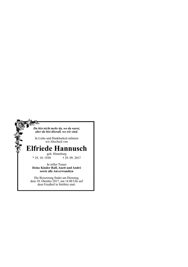 Traueranzeige Elfriede Hannusch, geb. Hinneburg