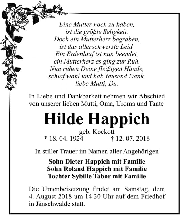 Traueranzeige Hilde Happich, geb. Kockott