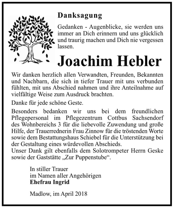 Danksagung Joachim Hebler