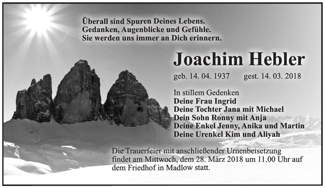Traueranzeige Joachim Hebler