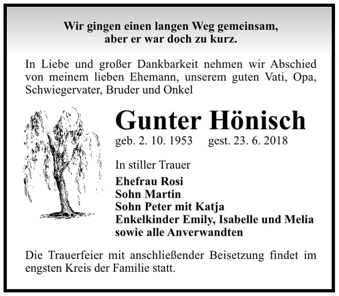 Traueranzeige Gunter Hönisch