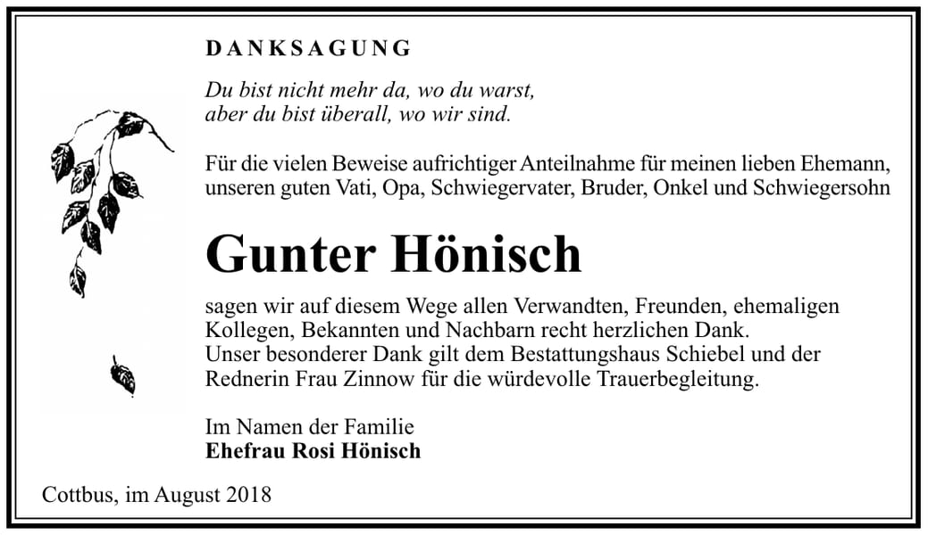 Danksagung Gunter Hönisch