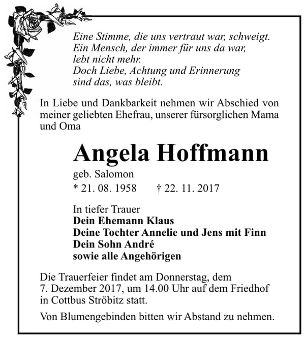 Traueranzeige Angela Hoffmann, geb. Salomon