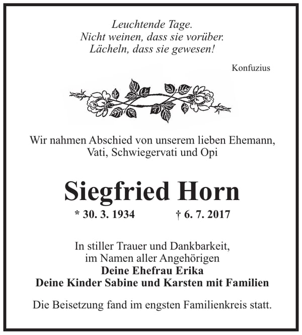 Traueranzeige Siegfried Horn