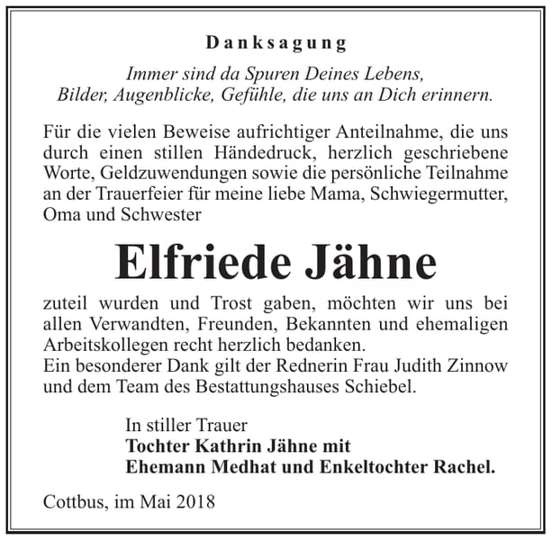 Danksagung Elfriede Jähne