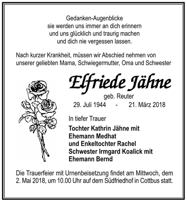 Traueranzeige Elfriede Jähne geb. Reuter
