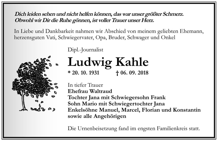 Traueranzeige Ludwig Kahle