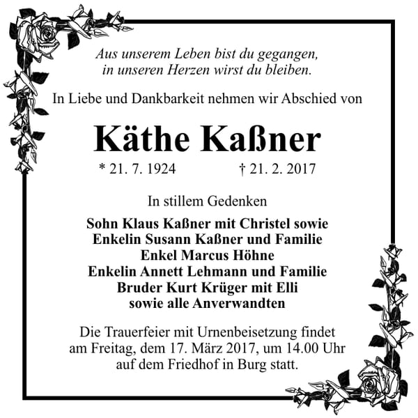 Traueranzeige Käthe Kaßner