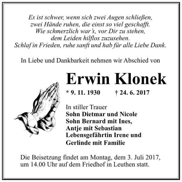 Traueranzeige Erwin Klonek