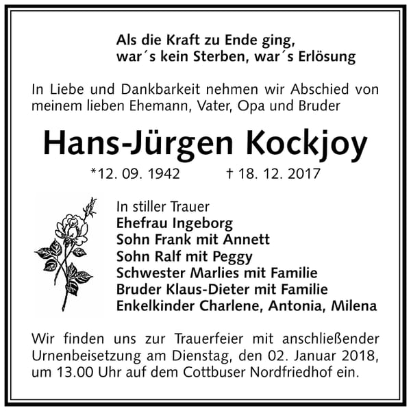 Traueranzeige Hans-Jürgen Kockjoy