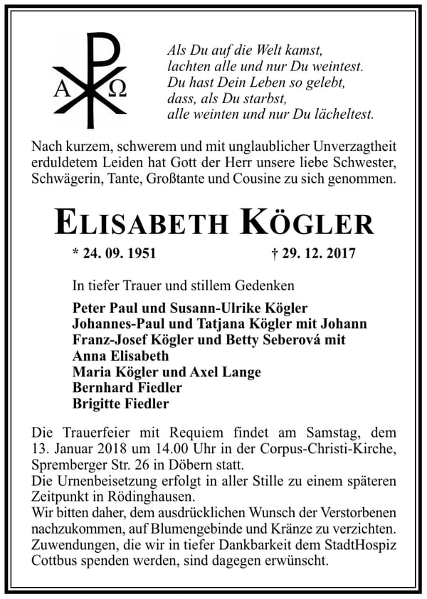 Traueranzeige Elisabeth Kögler