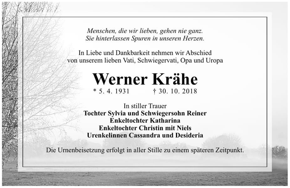Traueranzeige Werner Krähe