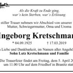 Traueranzeige Ingeborg Kretschmann