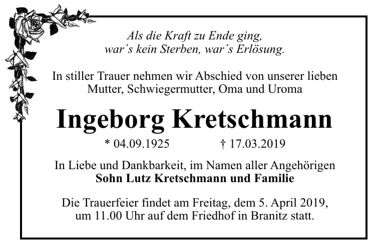 Traueranzeige Ingeborg Kretschmann