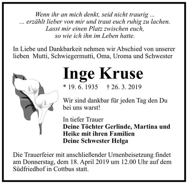 Traueranzeige Inge Kruse