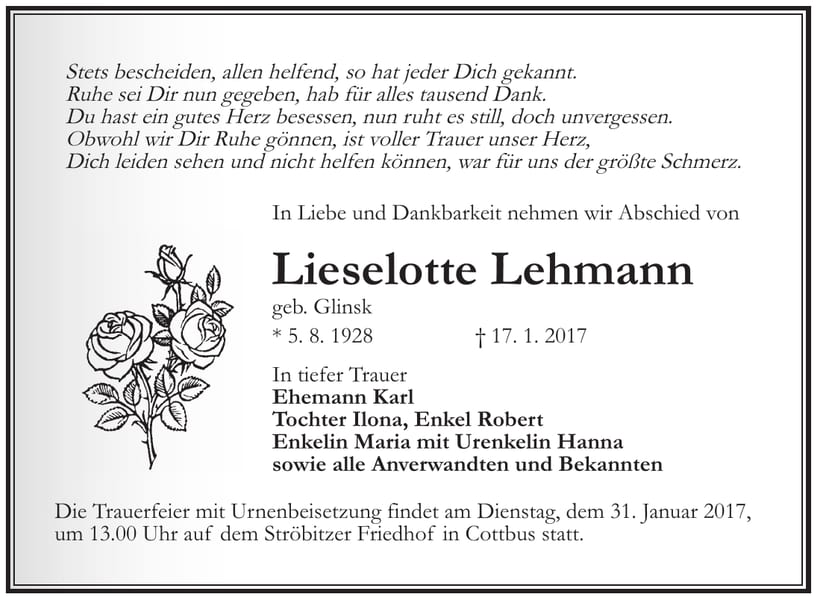 Traueranzeige Lieselotte Lehmann, geb. Glinsk