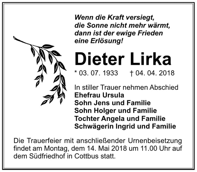 Traueranzeige Dieter Lirka