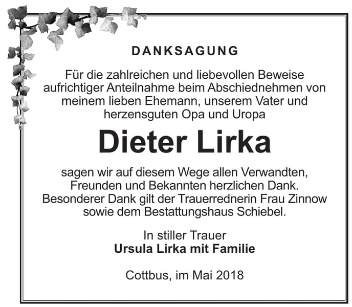 Danksagung Dieter Lirka