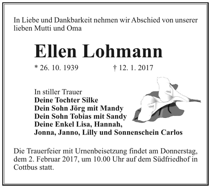Traueranzeige Ellen Lohmann