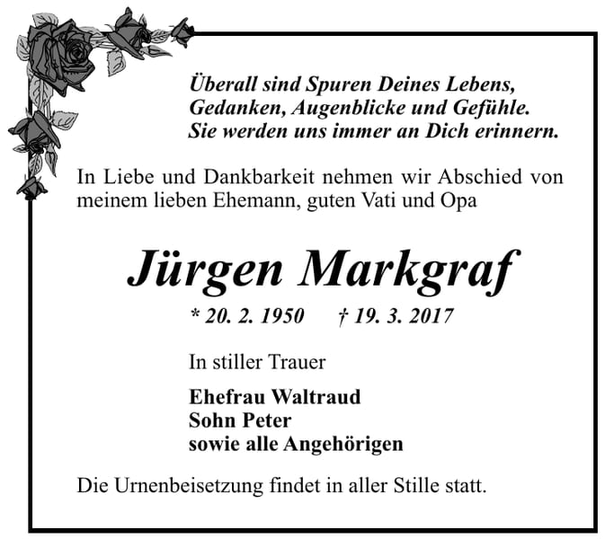 Traueranzeige Jürgen Markgraf