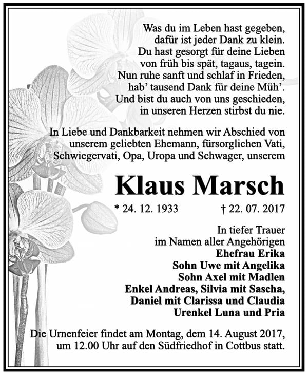Traueranzeige Klaus Marsch