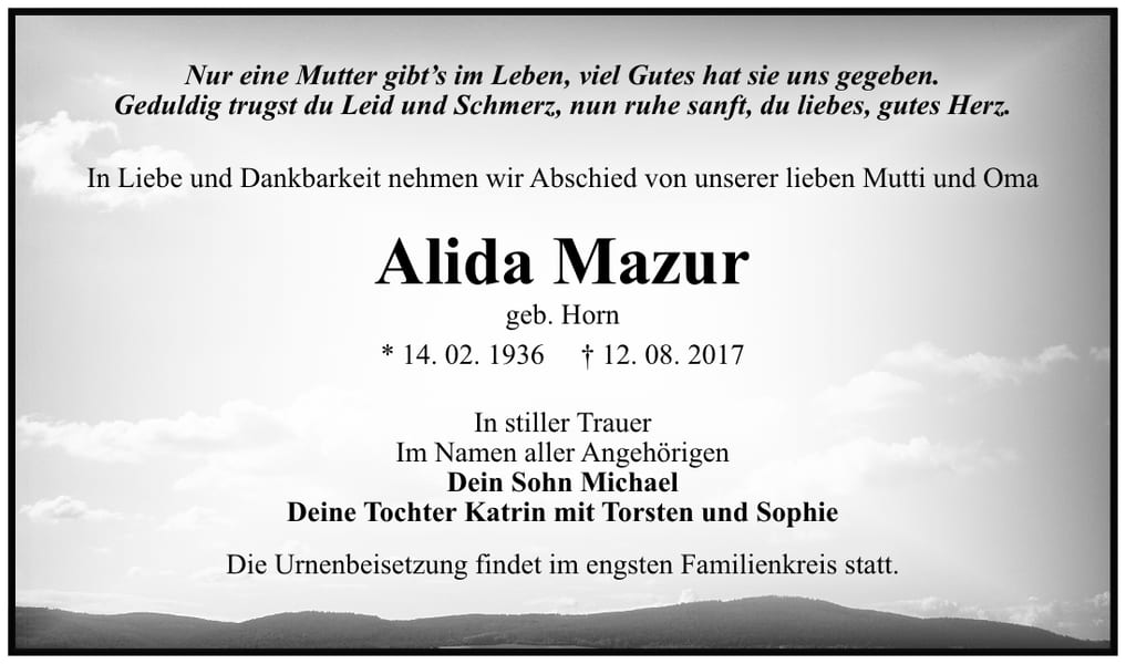 Traueranzeige Alida Mazur, geb. Horn