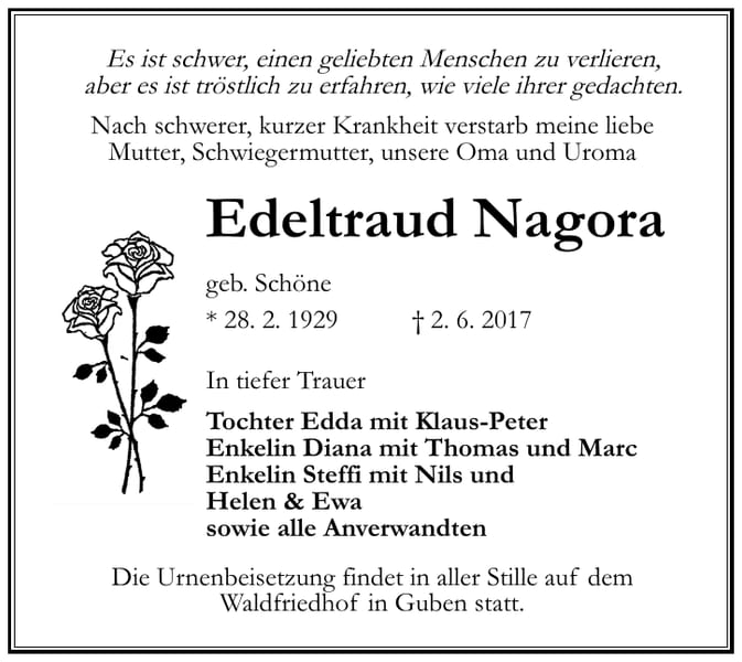 Traueranzeige Edeltraud Nagora, geb. Schöne
