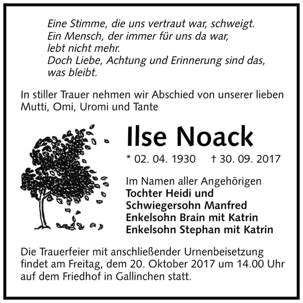 Traueranzeige Ilse Noack