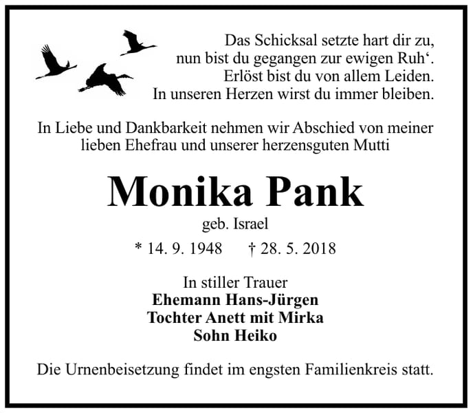 Traueranzeige Monika Pank, geb. Israel