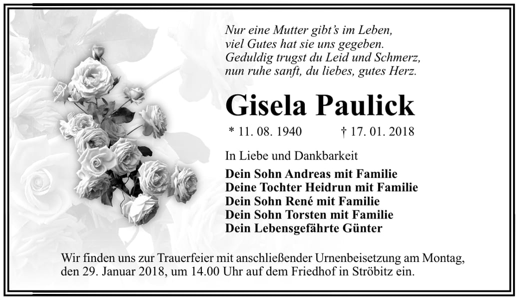 Traueranzeige Gisela Paulick