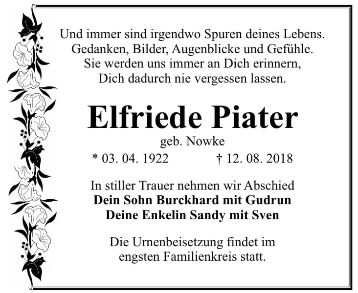 Traueranzeige Elfriede Piater, geb. Nowke