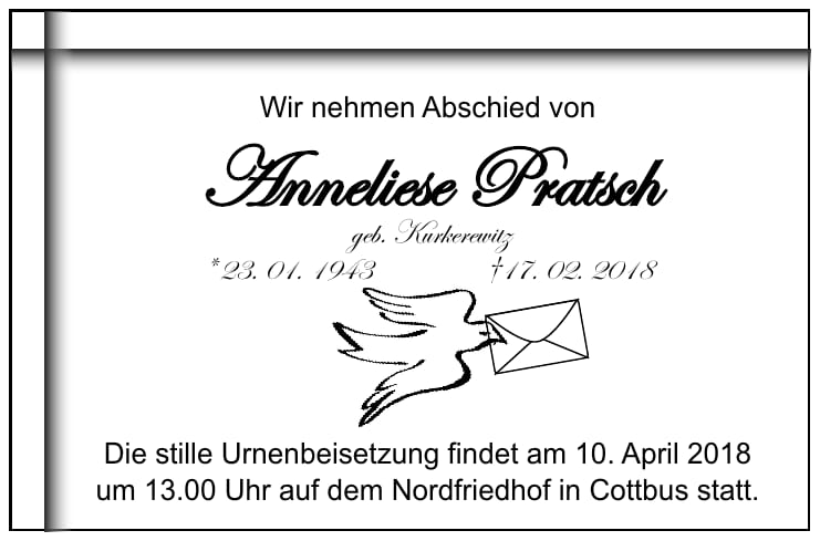 Traueranzeige Anneliese Pratsch geb. Kurkerewitz