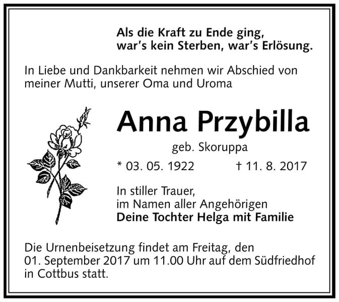 Traueranzeige Anna Przybilla, geb. Skoruppa