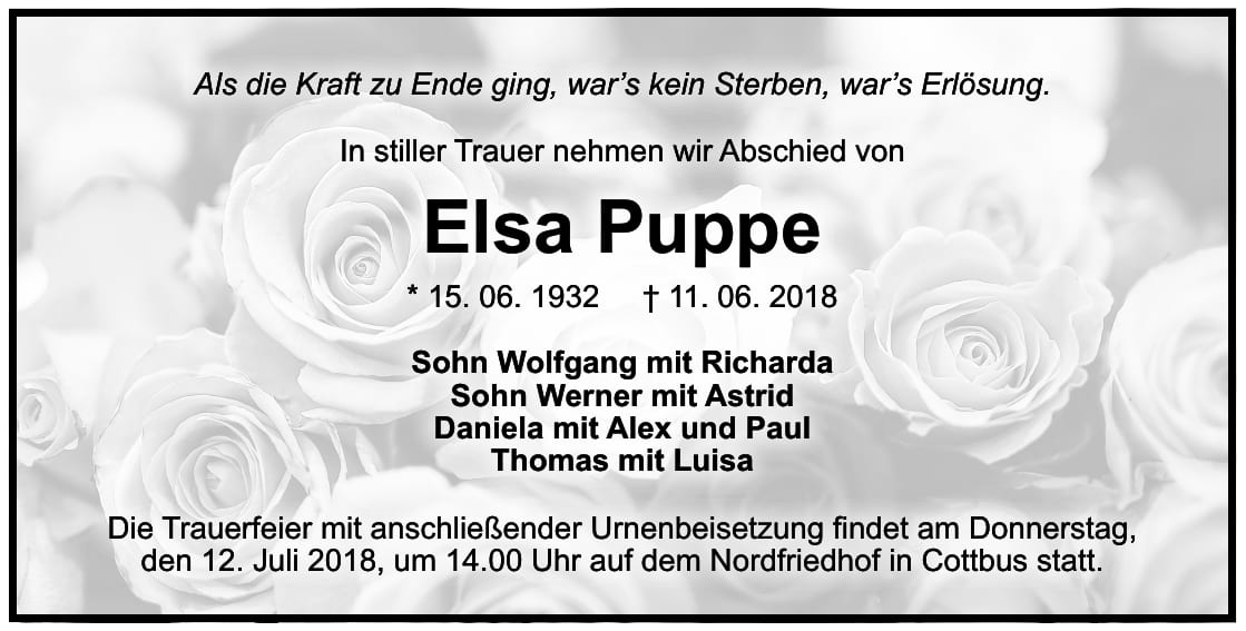 Traueranzeige Elsa Puppe