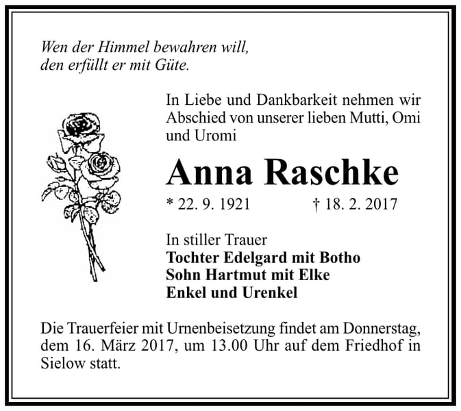 Traueranzeige Anna Raschke