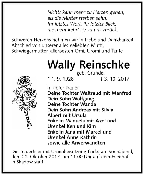 Traueranzeige Wally Reinschke, geb. Grundei