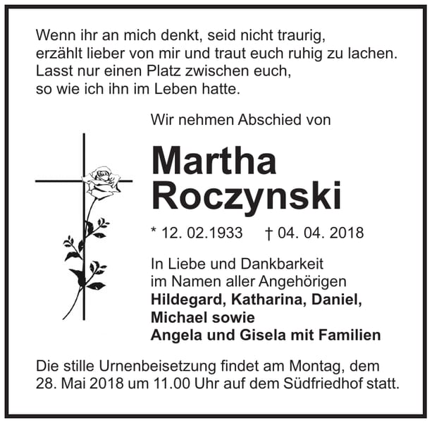 Traueranzeige Martha Roczynski
