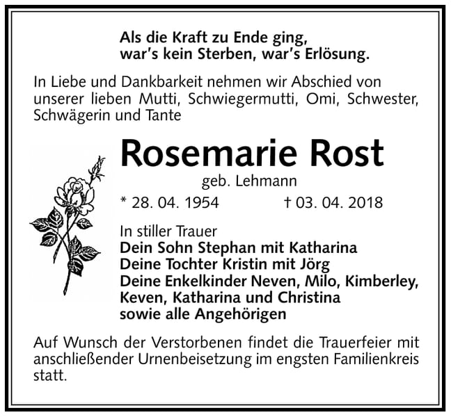 Traueranzeige Rosemarie Rost, geb. Lehmann