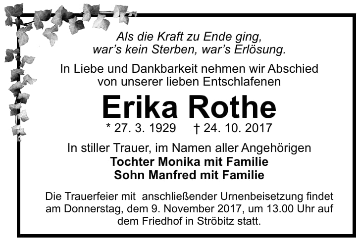 Traueranzeige Erika Rothe