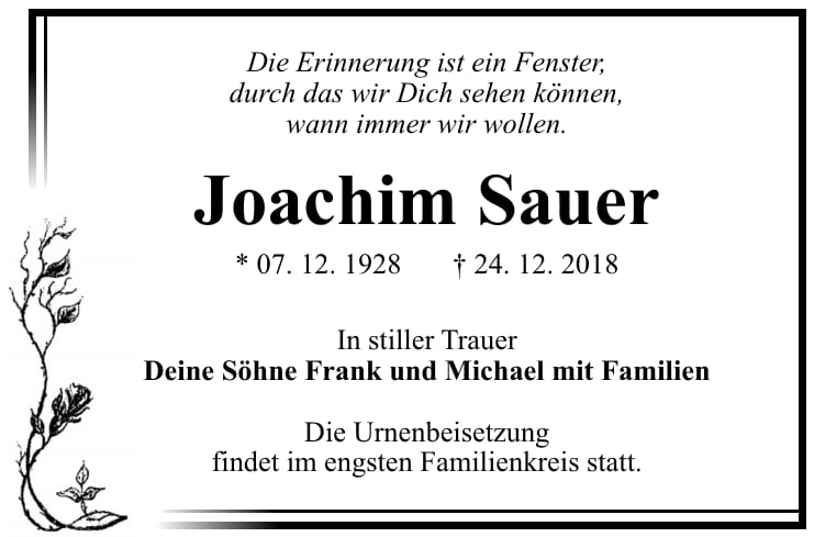 Traueranzeige Joachim Sauer