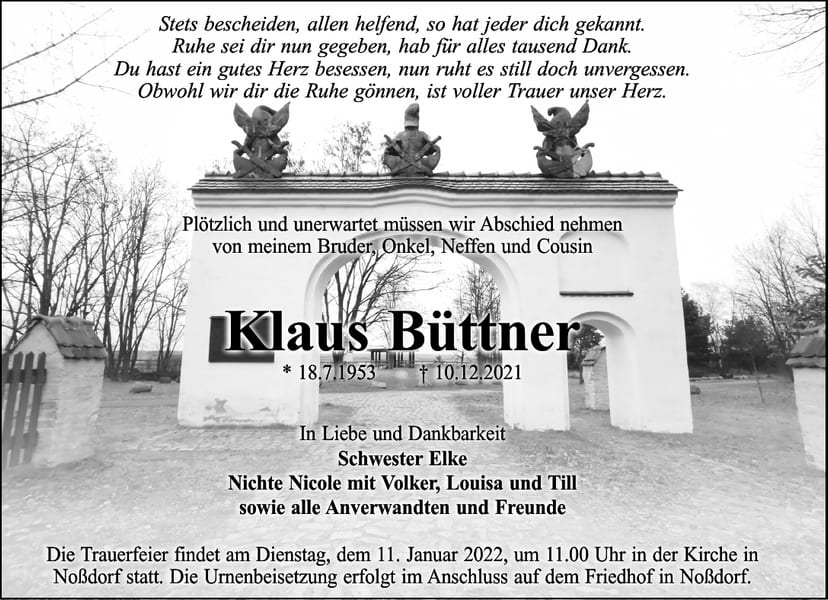 Traueranzeige Klaus Büttner