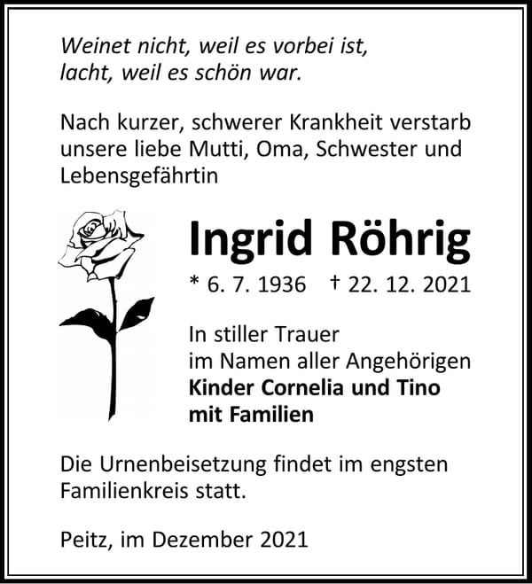 Traueranzeige Ingrid Röhrig