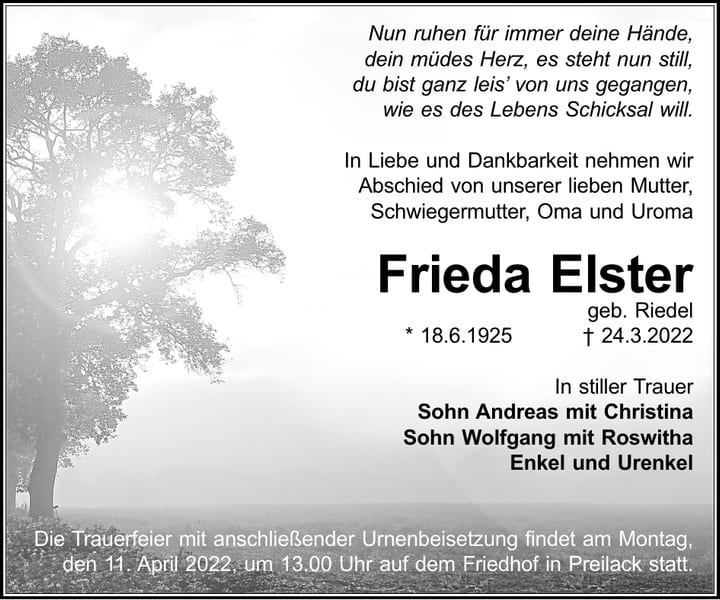 Traueranzeige Frieda Elster, geb. Riedel