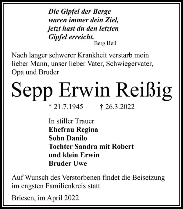 Traueranzeige Sepp Erwin Reißig
