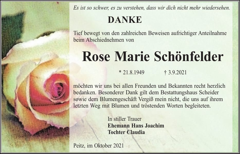 Danksagung Rose Marie Schönfelder