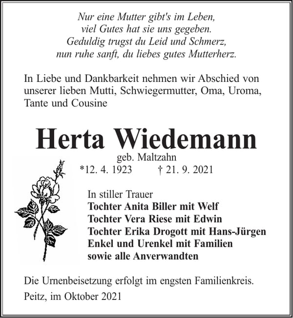 Traueranzeige Herta Wiedemann, geb. Maltzahn